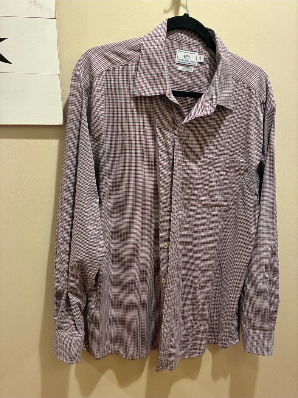 Southern Tide Men's Burgundy and White Micro-Check Dress Shirt